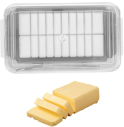 Mantequera 2 en 1 con tapa transparente y cortador de mantequilla, caja de sastre, recipiente rectangular hermético para almacenamiento de mantequilla, fácil de cortar, mantequera de cristal con