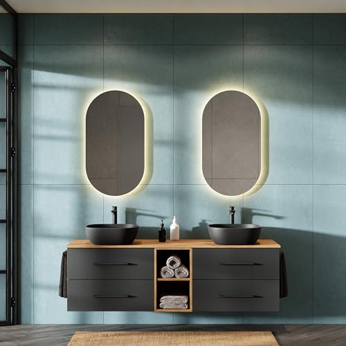 Planetmöbel LUX Badmöbel Set Waschbecken mit Unterschrank 170 cm, 2 Aufsatz-Waschbecken 42 cm schwarz, 2 Spiegel 50 cm (ohne LED) Waschbeckenunterschrank Gold Eiche/Anthrazit