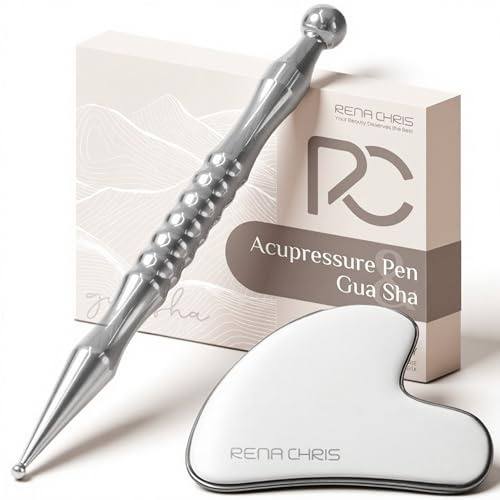 Rena Chris Edelstahl Gua Sha und Akupunktur-Stift, manuelle Reflexzonenmassage Werkzeug zur Linderung von Muskelverspannungen und Schmerzen mit Reflexzonenmassage Tabelle