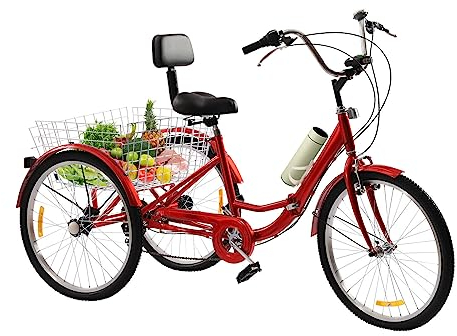 vinnyooc 24 Erwachsene Dreirad 3 Räder Fahrrad 7 Gang Tricycle Klappbar Fahrrad Senioren Fahrrad Mit LED Licht Gemüsekorb Dreiräder für Erwachsene Männer Frauen und ältere Menschen (Rot)
