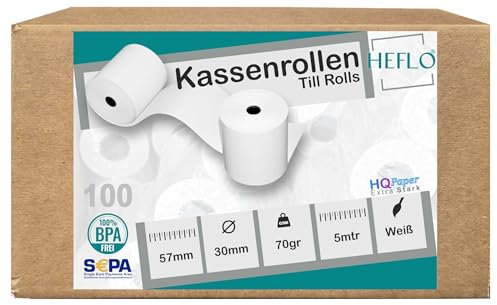 HEFLO 100 Thermorollen 57mm x 30mm x 12mm, 6m, 70g HQ Kassenrollen für EC-Cash & POS, BPA-frei, SEPA Mandat auf Rückseite, weiße Thermopapier-Tickets, kompatibel mit SumUp, gängigen POS-Systemen