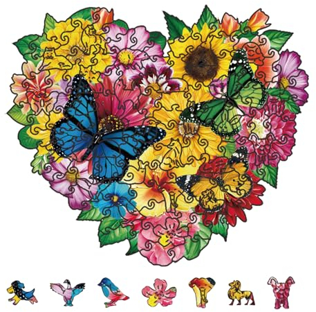 GLOBLELAND 120Pcs Small Love Butterfly Wooden Jigsaw Puzzles for Adults 8.6x7.5inch Colorful Flowers Wooden Puzzles for Anniversary Birthday Gift