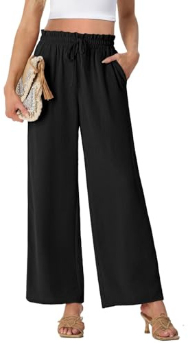 PrinStory Wide Leg Trousers for Women Drawstring High Waist Straight Pants Casual Lightweight Women's Loose Pants Holidays Elegant Comfortable Pants (Black, XL)