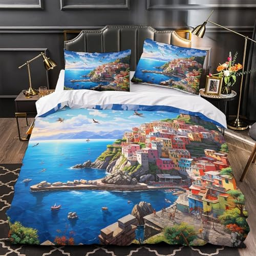 3 Pièces Cinque Terre Housse De Couette,Parure De Lit 3D Imprimée Beau Literie en Microfibre Respirante avec Taies d'oreiller,pour Adultes Enfants Filles Garçon Super Roi（260x220cm）