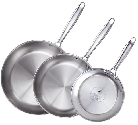 Cook N Home Stainless Steel Frying Pan Set, 8-inch, 10-inch, 12-inch Fry Pan, Tri-Ply Clad 18/10 Stainless Steel Skillet Sauté Cooking Pan, Induction Cookware, 3-Piece