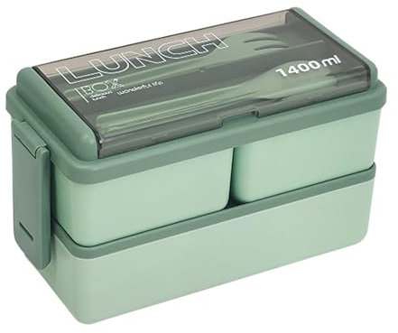 Brotdose Erwachsene Lunchbox mit 4 Fächern, 2-Lagen Brotzeitbox Bento Box Auslaufsicher Jausenbox mit Besteck für Männer Frauen, 1400ML Frühstücksbox Vesperdose für Büro, Arbeit, Picknick (Grün)