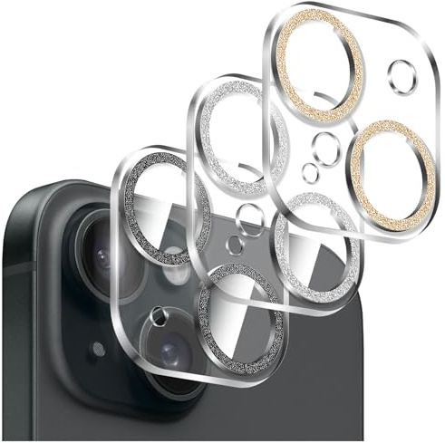 Kucheed 3PCS Shiny Camera Lens Protector for iPhone 12/iPhone 12 Mini, One-Piece Clear Acrylic Shell with Colorful Sparkling Glitter Designed Decoration Back Camera Cover