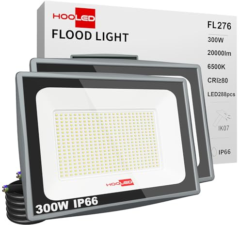 HOOLED 300 W 6 500 K utomhus-LED-projektor, IP65, vattentät, energieffektiv, perfekt för trädgård, gård och garage, hög ljusstyrka och enkel installation (300 W, 2)
