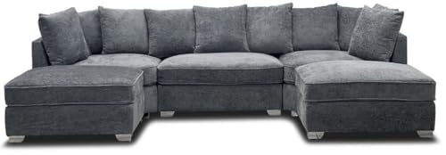Bishop U-Shape Corner Sofa in Grey Chenille Fabric - Premium UK Upholstered