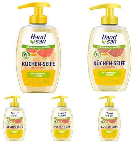 Handsan Flüssigseife Küchen Geruchs-Stop, 1x300 ml Spender, Küchenseife gegen unangenehme Gerüche, Seife mit pflegendem Glycerin und natürlichem Grapefruit Extrakt (Packung mit 5)