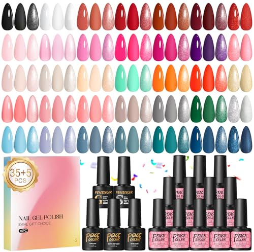 PEACECOLOR 40PCS Gel Nail Polish Set: 35 Colours Red White Green Gel Nail Polish Starter Kit with Base Coat and Glitter Matte & Glossy Top Coat Nail Art Set DIY Home Gifts for Women