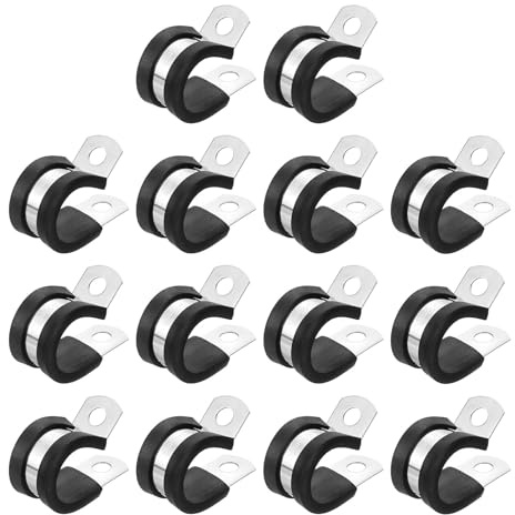 sourcing map 5/8(16mm) Cable Clamp, 304 Stainless Steel Rubber Cushioned Insulated Clamp R Shape Metal Clamp Tube Holder for Pipe Hose Wire Cord Installation 14Pcs