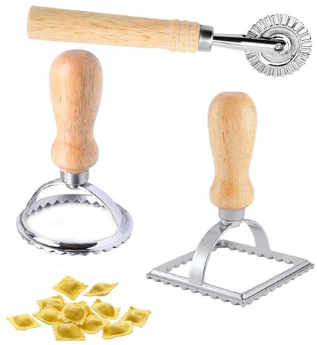 3PCS Ravioli Cutters, Ravioli Cutters Mold with Wooden Handle and Fluted Edge, Fluted Edge Pasta Press Kitchen Attachment with Pastry Cutter Wheel for Making Ravioli or Cookies