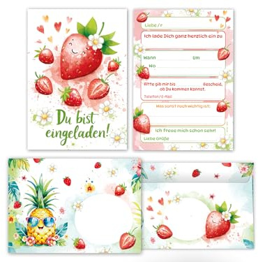 Junaversum 12 Einladungskarten inkl. 12 Umschläge zum Kindergeburtstag Mädchen Kinder Erdbeeren coole bunte Einladungen Geburtstag Geburtstagseinladungen Kids