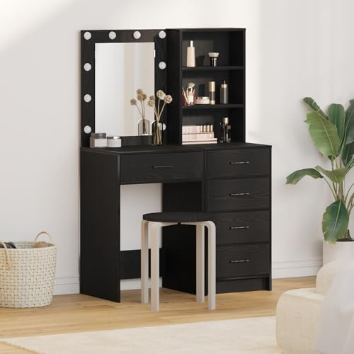Gecheer 2-teiliges Schminktisch-Set mit LED Schwarz Holzwerkstoff, Frisiertisch für Schlafzimmer, Schminkkommode Frisierkommode,
