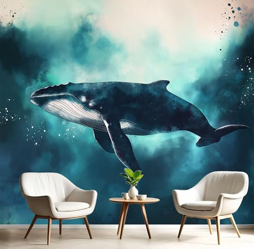 Fotomurales Decorativos Pared Ballena Azul,300×210cm Azul Papel Pintado Tejido No Tejido, Animales Aguas Profundas Fotomural XXL 3D Mural Paredes Papel Tapiz Decoración Salón Dormitorio