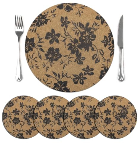 comfoyar Tischset Rund Boho Schwarz Blumenmuster 4er Set mit Gummirückseite | Abwaschbar und Wasserdicht Kork Platzsets, Rutschfeste Platzdeckchen für Küche Esszimmer Speisetisch Dekoration, 38cm