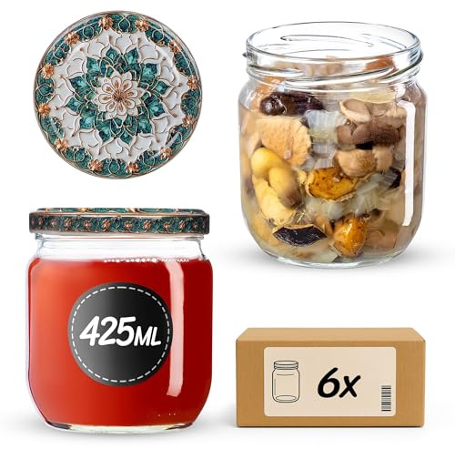 KADAX Set di 6 in vetro 425ml Ø82 verde/oro – tappo a vite Twist-Off ermetico, per conserve, sottaceti, fermentazione e omogeneizzati