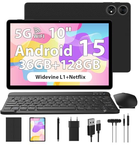 WOREGOO 10 Pulgadas Tablet Android 15, 5G WiFi, 36GB RAM+128GB ROM, 1280x800HD, Octa-Core, Widevine L1/8000mAh/5MP+8MP/BT5.0/GPS/GMS, con Teclado y Ratón, Negro