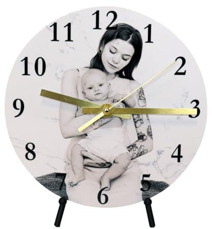 Personalised Photo Wall Clock with Marble Effect Background, Round White Face, Gold Hands, Black Numbers, 20cm, Modern Style, Decorative Stand Option