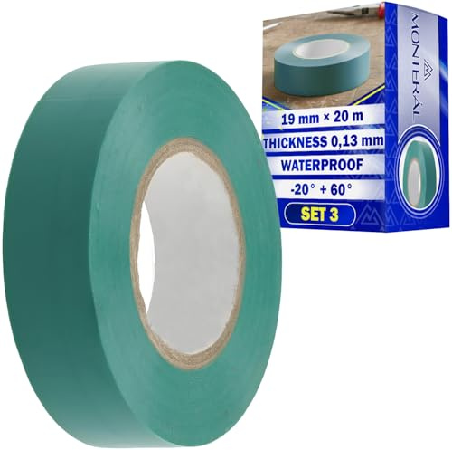 MONTERAL 3 Piezas Cinta Aislante Verde 19 mm x 20 m Espesor 0,13 mm | Cinta Aislante Colores para Trabajos Profesionales y Codificación por Colores Fabricada en Cloruro Polivinilo PVC - MONTERAL