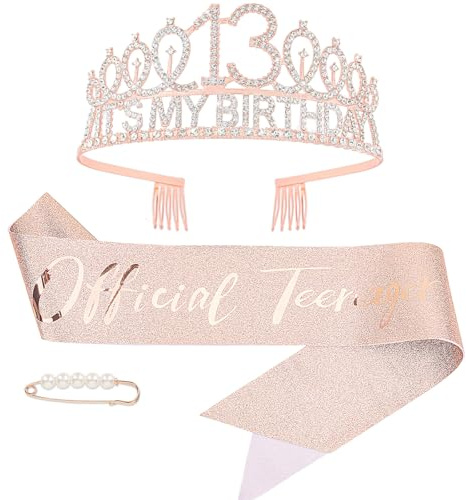 Exipsat 13. Geburtstag Krone-Schärpe-Set, Rosegold Diadem für Birthday Girl, Mädchen-Prinzessin Tiara, Geburtstagsparty-Accessoires, Geschenk zur 13. Feier