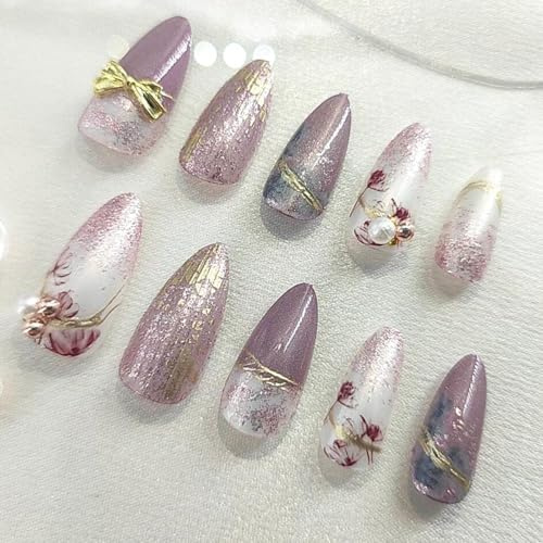 Tastetreasure 24Pcs Pink Floral Press On Nails Almond Shape, Glitter & Gold Wire Decor Fake Nails, Iridescent Purple Stick On Gel Nails, Medium Length Elegant False Nails for Women