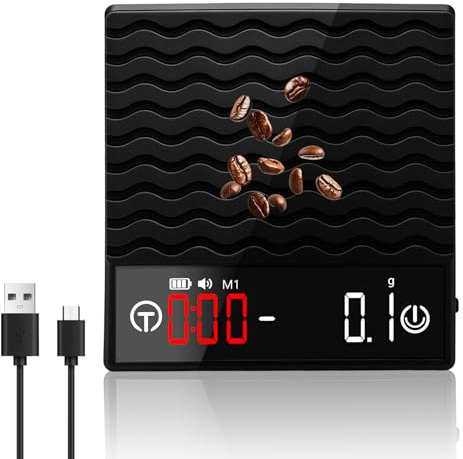 Kaffee Waage mit Timer, Espresso Waage 2kg/0,1g Präzisionswaage, Wiederaufladbare Küchenwaage mit LED Anzeige für Zuhause Küche und Büro