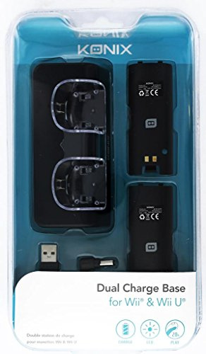 Konix Base de charge Nintendo Wii & Wii U – Noir -Support de charge station - Chargeur à double socle pour Manette wii - Cordon USB + deux batteries incluses