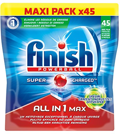 Finish All in One Max Spülmaschine-Tabs, speziell geeignet bei hartnäckigen Fetten, 45 Stück