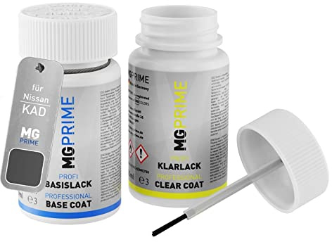 MG PRIME Autolack Lackstift für Nissan KAD Dark Metal Gray + Klarlack | Dark Grey Metallic, Set aus Basislack + Klarlack, Lackfläschchen mit Pinsel, je 50ml