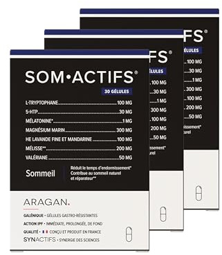 ARAGAN Synactifs Lot de 3 Somactifs | Complément Alimentaire Sommeil Adulte | Mélatonine, Mélisse, Valériane, Huiles essentielles, Magnésium | 90 gélules | 1 à 2 mois de prise Fabriqué en France