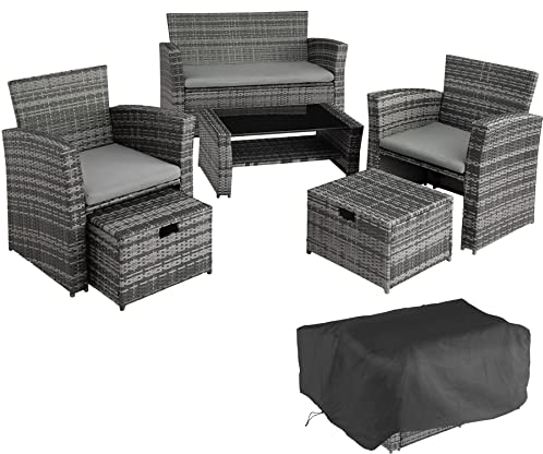 TecTake® Rattan Garden Furniture, with 1 Sofa, 1 Table and 2 Chairs with 2 stools, Patio Furniture Includes Garden Storage Box and Protective Cover, Ideal for Garden, Conservatory, patio - grey