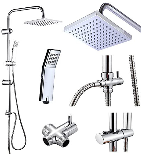 Jupitor Thermostatic Shower Mixer Chrome Square Valve Twin Bath Set with Rain Head and Handheld Dual Riser