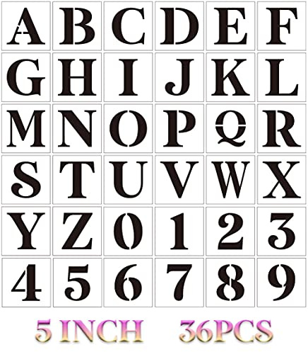 Yamcyh 12,7 cm Buchstabenschablonen zum Malen auf Holz, 36 Stück Schablonen, Buchstaben, Alphabet, Zahlen, Schablonen für Holz, Wandschilder, Tür, Veranda, Stoff