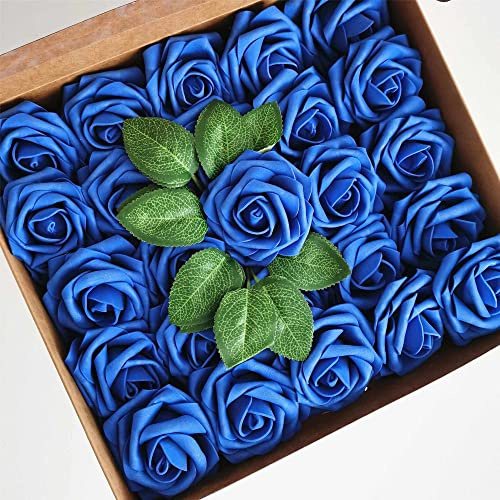 HAOSHICS 25 fiori artificiali, rose finte in schiuma, realistiche al tatto, con stelo, per bouquet da sposa, San Valentino, baby shower, feste, decorazione per casa, ufficio, hotel (blu reale)