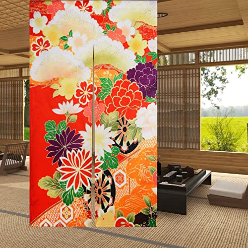 LIGICKY Japanischer Stil dick Leinen Noren Lang Vorhang TürVorhang Raumteiler Tapisserie für die Heimtextilien 85 x 150 cm, Farbige Retro Blumen