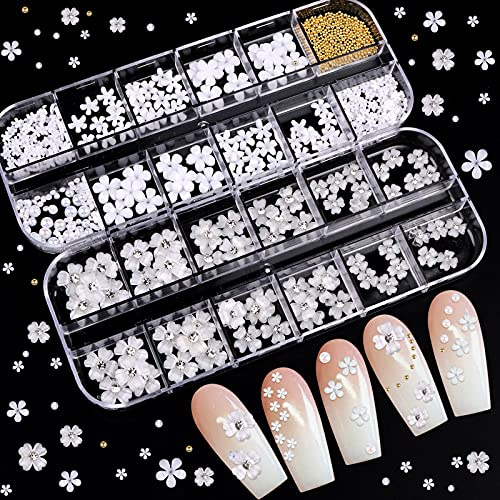 EBANKU 3D Acryl Blumen für Nägel Fünfblättrige Blumenornamente Nageledelsteine Weiße Blume Nail Art Charm Nagelblume Perle Kaviar Perlen Glitzer für Nail Art Dekoration