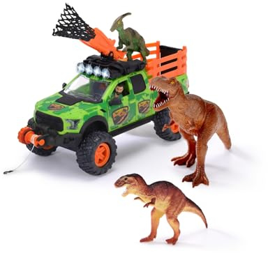 Dickie Toys 203837026 - Dino Jägare Lekset - Ford Raptor med Frihjul, Ljus, Ljud, Inklusive Figur och 3 Dinosaurier, 25 cm, Från 3 år