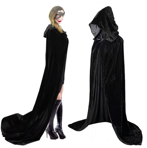 ENTZONE Umhang mit Kapuze Halloween Kostüm Schwarzer Samt Cape Mittelalter Hexe Cosplay Karneval Party Maskerade Unisex