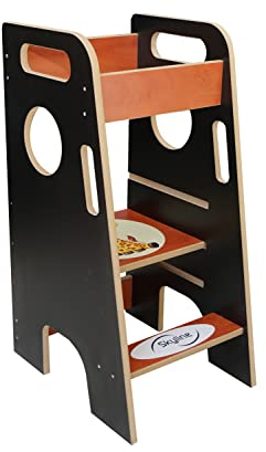 Skyline Steh und Lernturm Baby ab 1 Jahr Montessori Learning Tower Höhenverstellbar Tritthocker Kinder Indoor Möbel Kinderzimmer Trittschemel Kitchen Helper Hochstuhl Faltbarer (Schwarz mit Giraffe)
