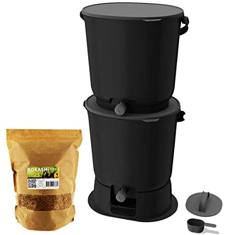 Moutta | Bokashi Organko Essential Noir (15,3L) | Kit 2 seaux à Compost Organique avec compacteur + 1kg d'Activateur EM-1 de Fermentation fabriqué en France