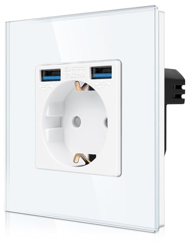 CNBINGO Einzelsteckdose Unterputz mit 2x USB-A, Glasrahmen Weiß | 1-Fach Schuko Steckdose mit 3.1Amp USB-Anschluss, Einfach Wandsteckdose Kindersicherung, Horizontale und Vertikale DIY