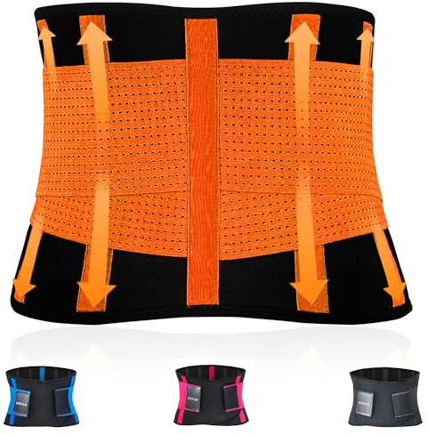 FEVAN Faja Lumbar Hombre y Mujer - Faja Abdominal Hombre y Mujer con Doble Ajuste y Soportes Lumbares - Cinturon Lumbar para Aliviar Dolor de Espalda.(L/XL, Negro). (L/XL, Naranja)