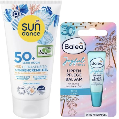 Sundance Med Ultra Sensitiv Sonnencreme Gel Sonnenschutz für sensible zu Allergien neigende Haut LSF 50+ sehr hoch, 150 ml + Balea Lippenpflegebalsam Joyful Times feuchtigkeitsspendend, 10 ml (160 ml)