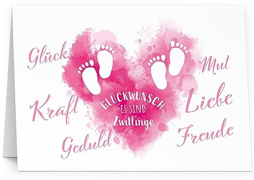 XXL Glückwunschkarte Zwillinge Mädchen rosa Fußabdrücke (A4) zur Geburt hochwertige Klappkarte | Große Design Maxi Karte Grußkarte Glückwunsch mit Umschlag Zwilling