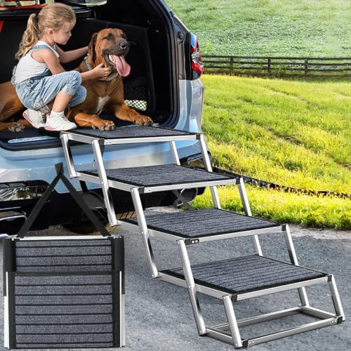 Extra breite 50,8 cm Faltbare Hunderampe für große Hunde, tragbare Aluminium-Haustierrampe mit Rutschfester Teppichoberfläche, leichte Hundetreppe für M und L Hunde bis zu 113 kg, 4 Schritte in EIN