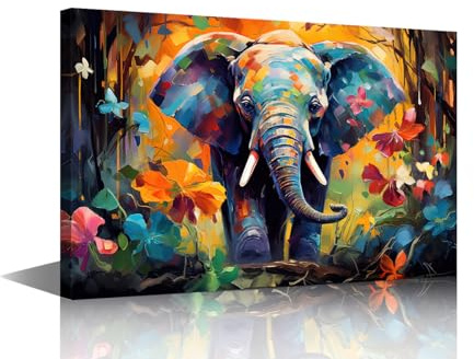 TISHIRON Decorazione da parete per soggiorno con elefante dipinto a olio su tela idea artistica da parete per camera dei bambini decorazione da parete poster stampe con cornice in legno per casa