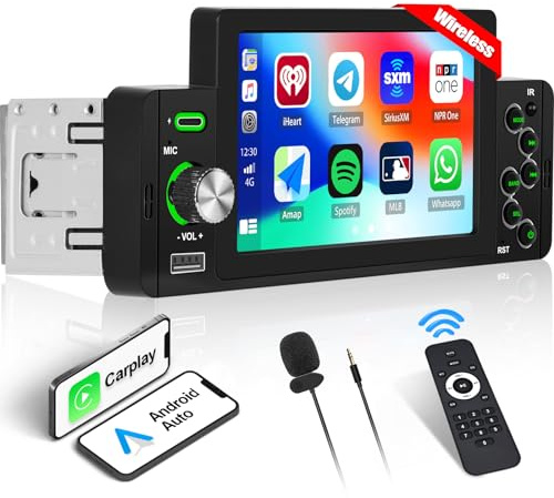 CAMECHO Autoradio 1 DIN Carplay Wireless con 5 Pulgadas HD Pantalla Táctil con Android Auto,Bluetooth Mirror Link FM 2USB EQ+SWC,Soporte Cámara de Respaldol+Type-C-Cargando