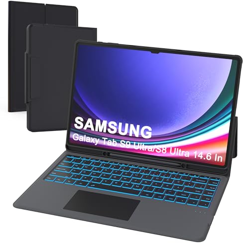 für Samsung Galaxy Tab S9 Ultra/S8 Ultra 14,6 Zoll Tastatur Hülle - 7 Farbige Beleuchtete Tablet Cover mit Touchpad - Deutsches QWERTZ Layout Tastatur für Galaxy Tab S10 Ultra
